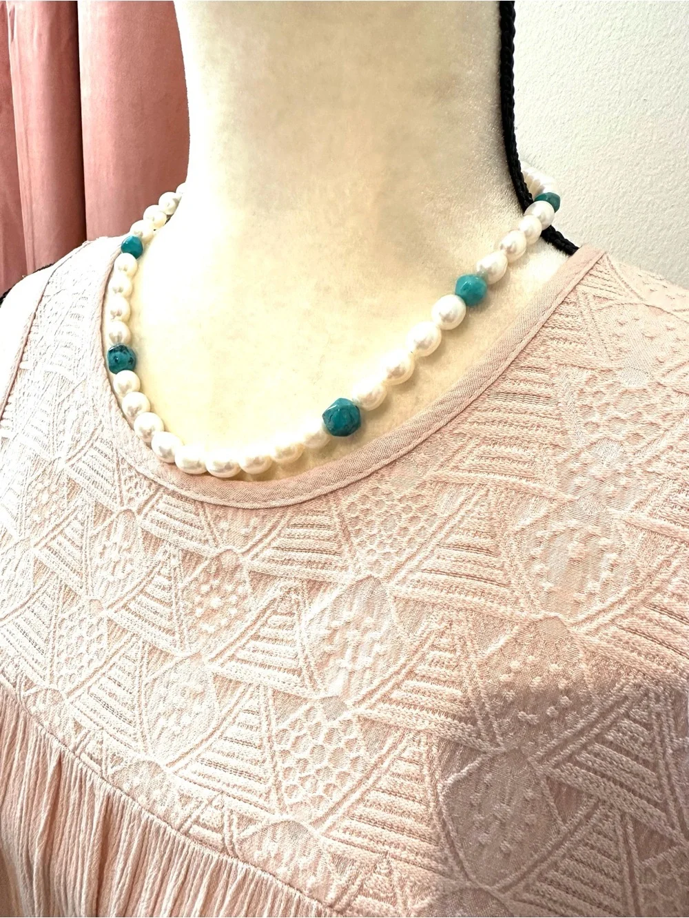 Jay King Off White Baroque Freshwater Pearl with Turquoise Beads Sterling Silver